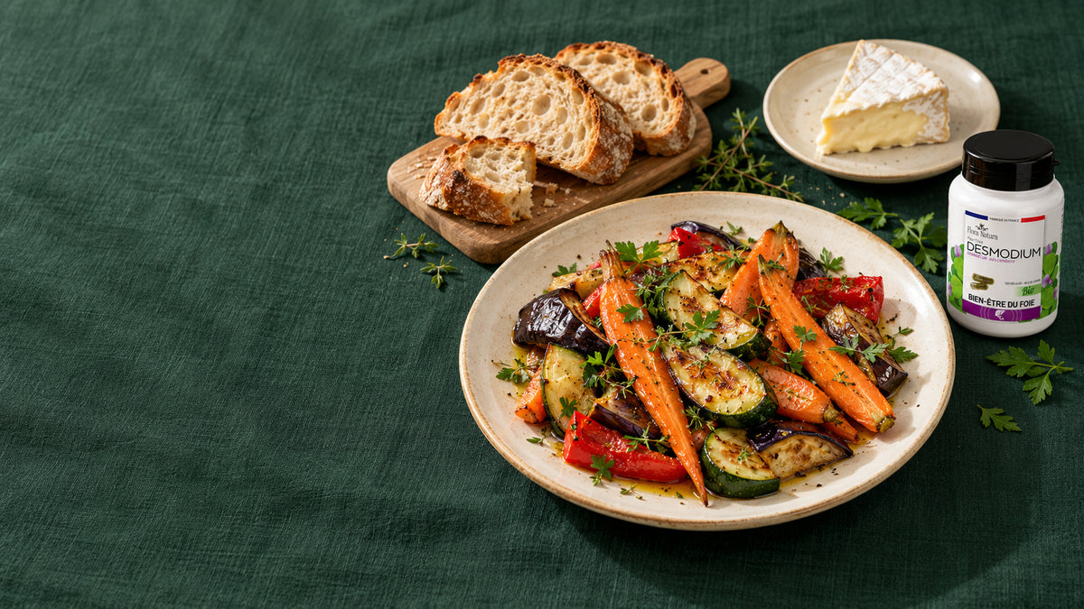 Assiette de légumes rôtis, pain, fromage et Desmodium Bio Flora Natura